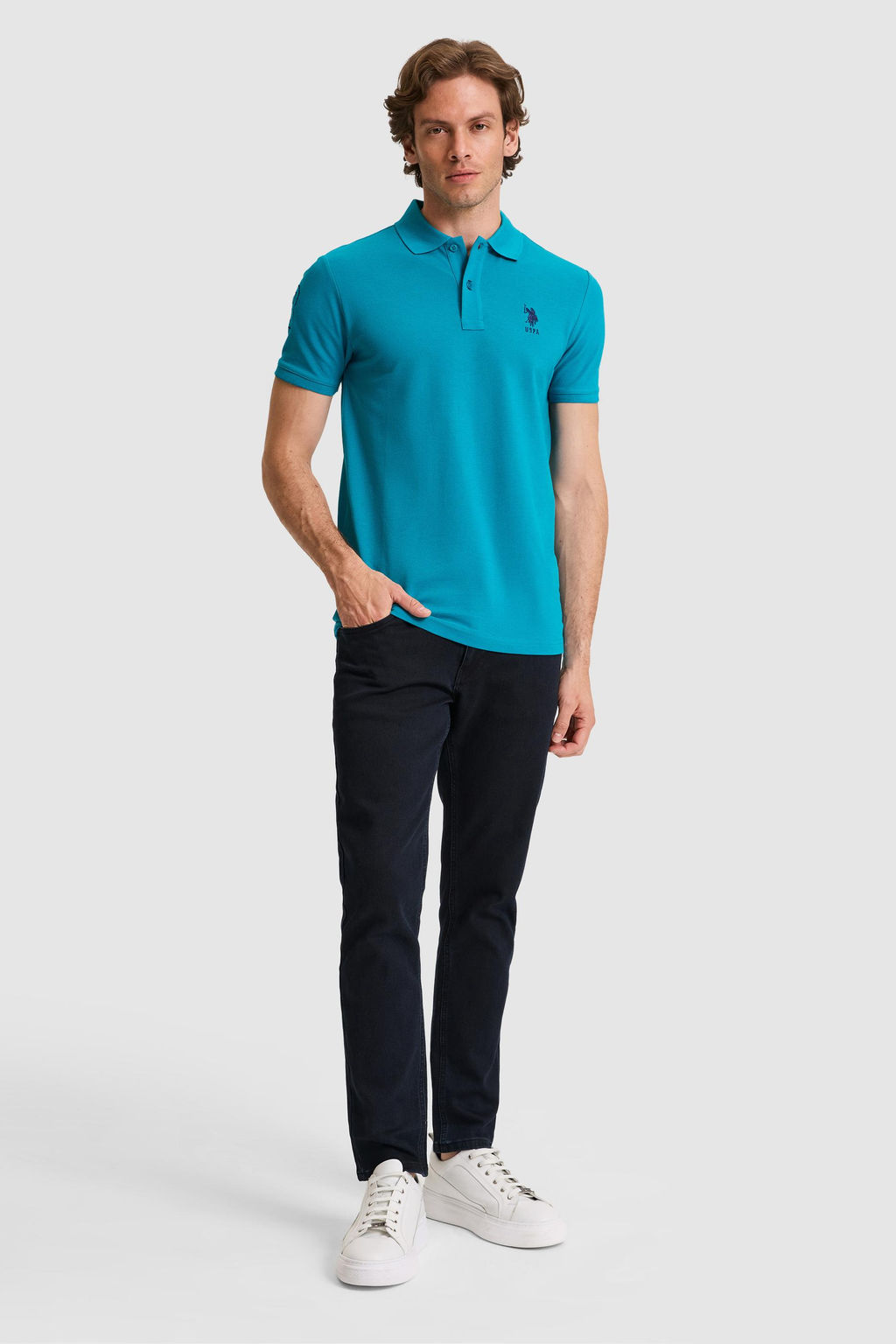 Erkek Slim Fit Polo Yaka Petrol Basic Ti__rt