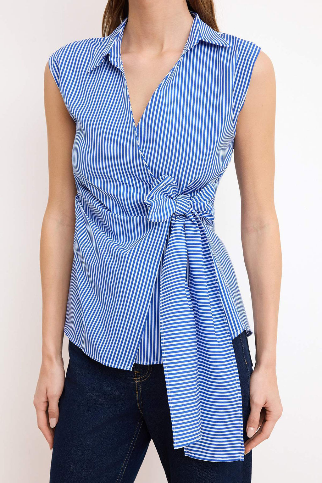 Mavi Cizgili Kruvaze Baglama Detayl? Dokuma Bluz TWOSS25BZ00581