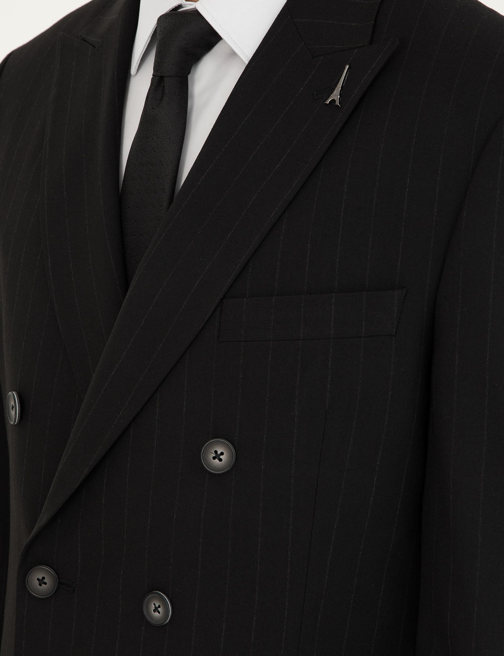 Черный двубортный костюм в полоску приталенного кроя черного цвета - Cacharel фото 7