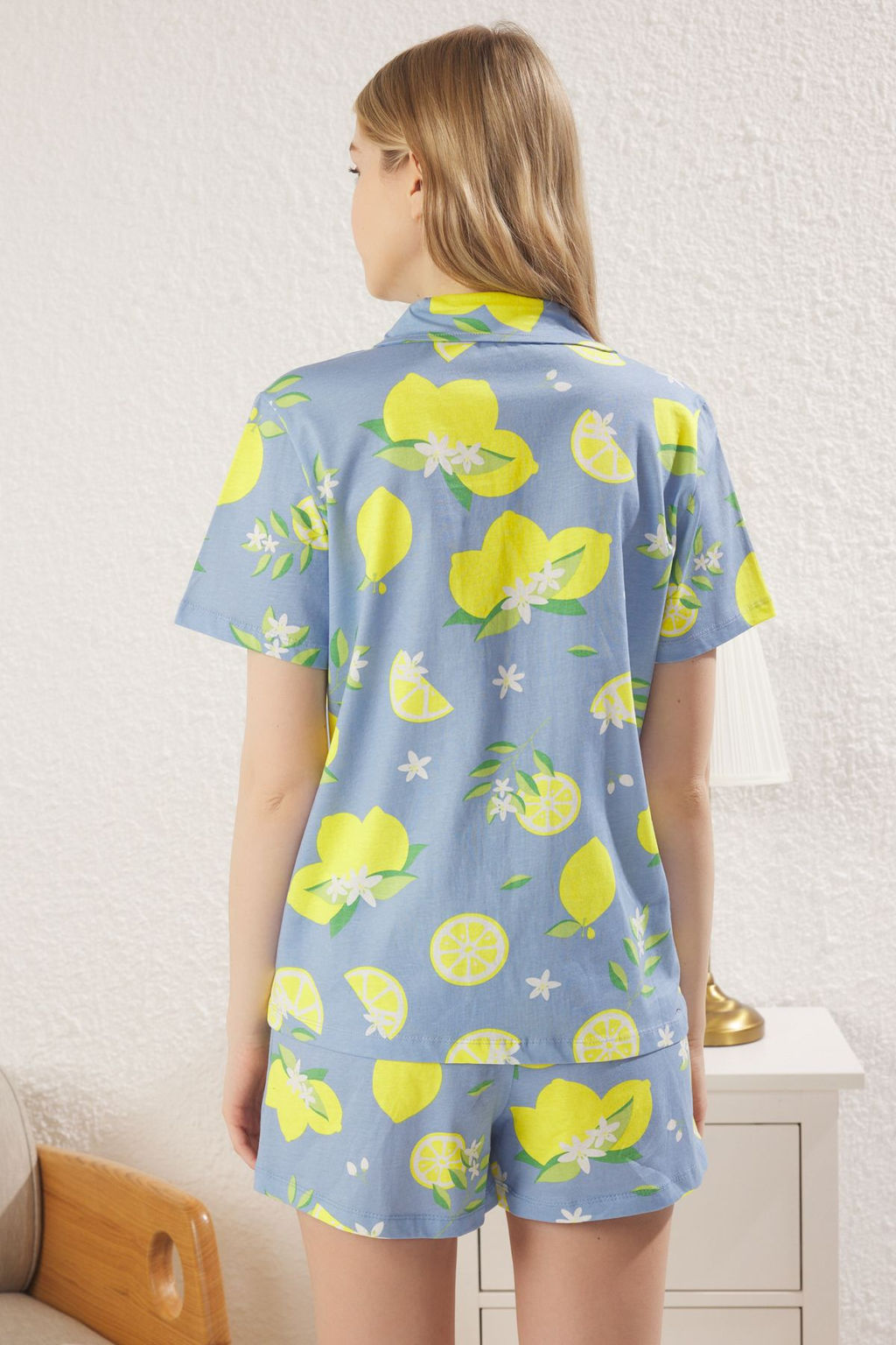 Trendyolmilla Mavi-Cok Renkli %100 Pamuklu Limon Desenli Sortlu Orme Pijama Tak?m? THMSS25PT00187  фото 5