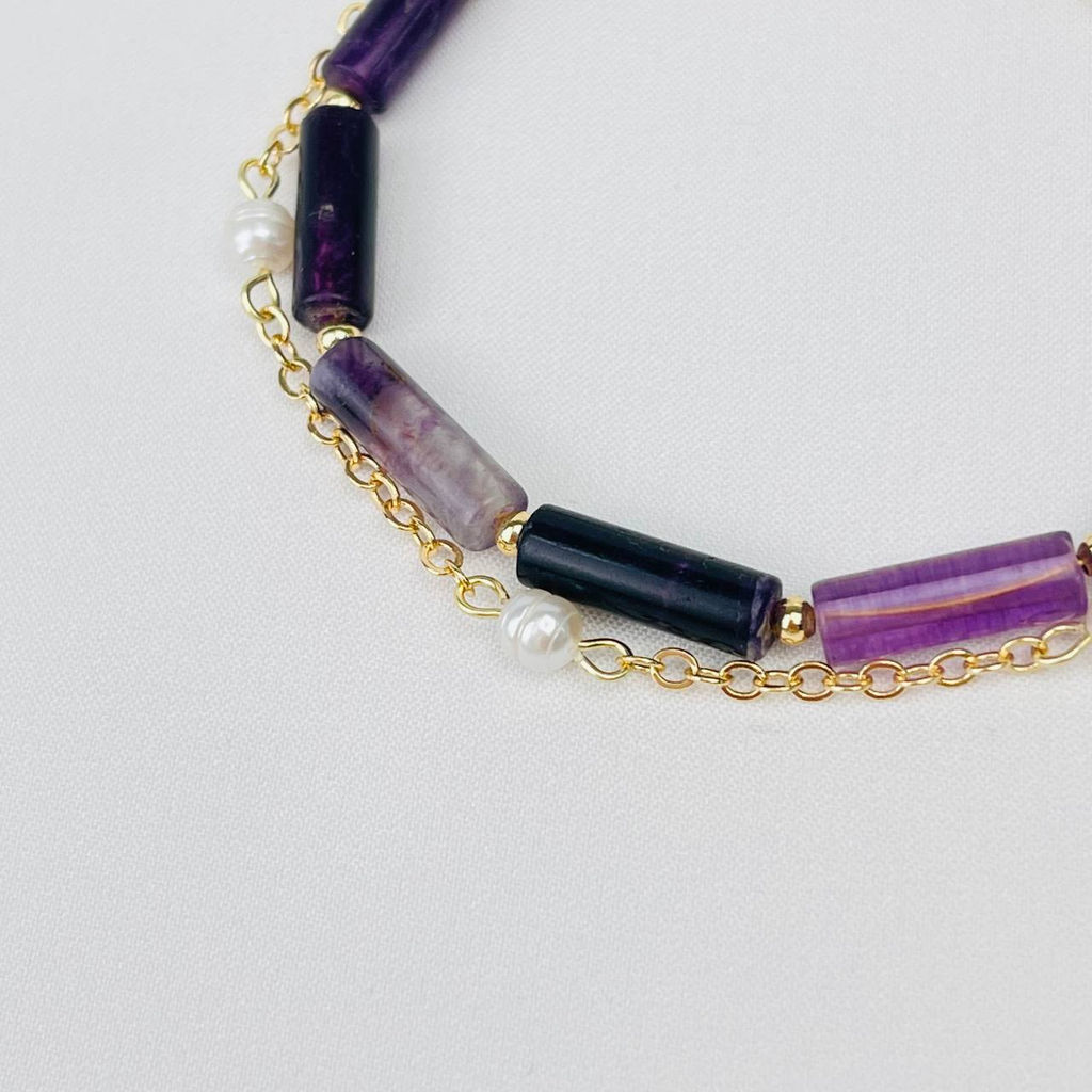 Браслет двойной из Флюорита и Жемчуга с цепочкой 16 см +