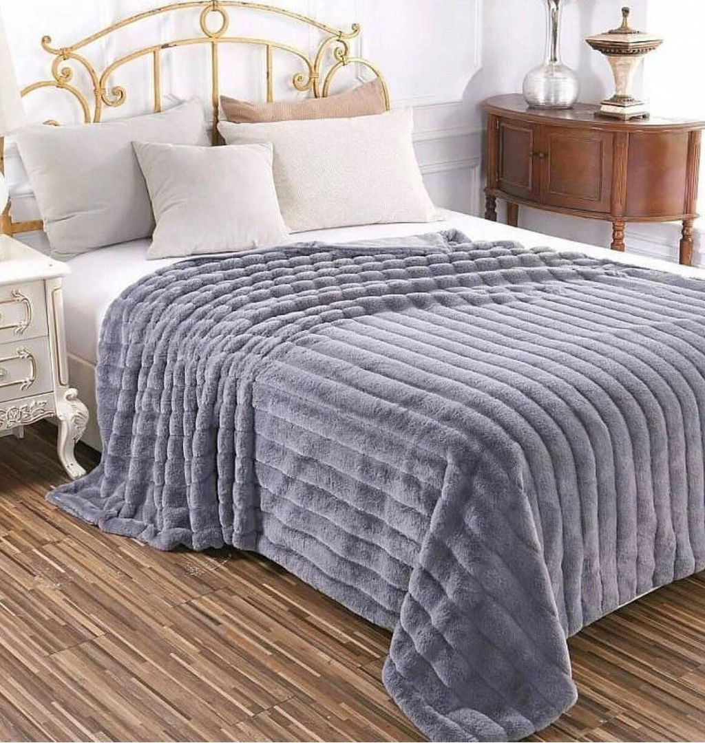 Плед Меховой КРОЛИК ПОЛОСКА 200x230 см Серый