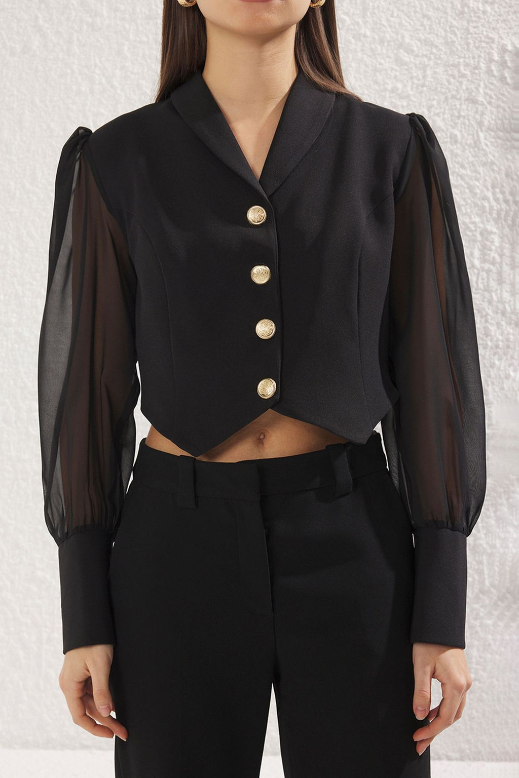 TRENDYOLMILLA Beyaz Metal Dugme Detayl? Kollar? Transparan Crop Dokuma Blazer Ceket TWOSS25BC00026 фото 8