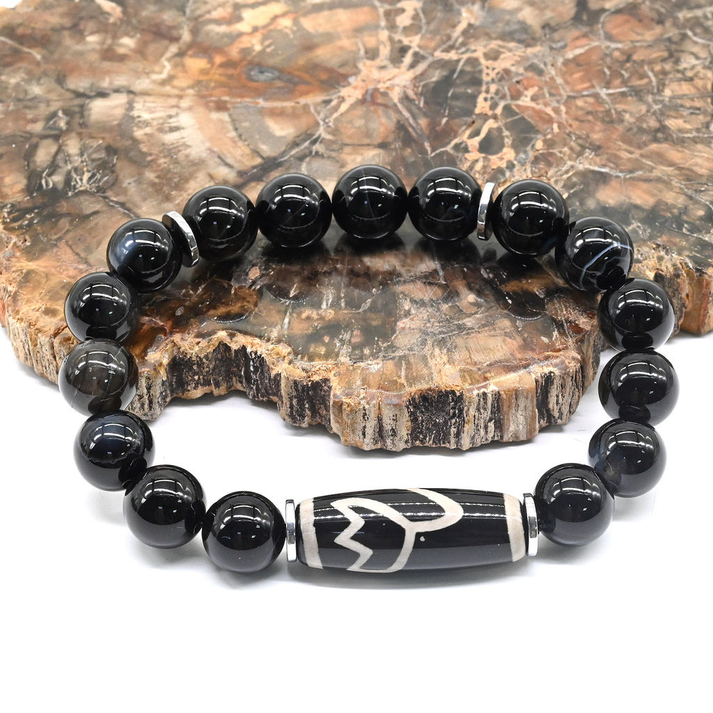 Браслет Дзи Семь глаз цилиндр 10*29мм с агатом глазковым шарик 10мм, 17см - Радуга камня фото 3