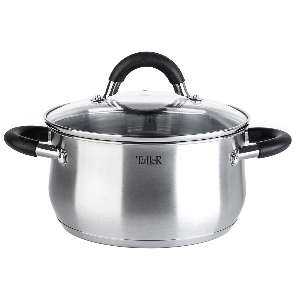 Кастрюля из нержавеющей стали Шелборн 3,2л, д20см, h10,5см, s0,6мм, дно s2,8мм, стеклянная жаропрочная крышка, стальной обод, пароотвод, силиконовые вставки черного цвета, капсулированное дно, полировка внешняя - матовая, внутренняя - зеркальная, м