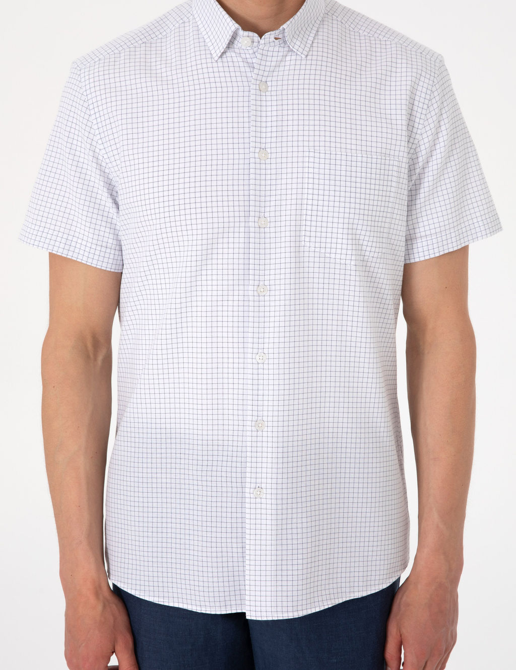 Lacivert Kareli Regular Fit K_sa Kollu G_mlek