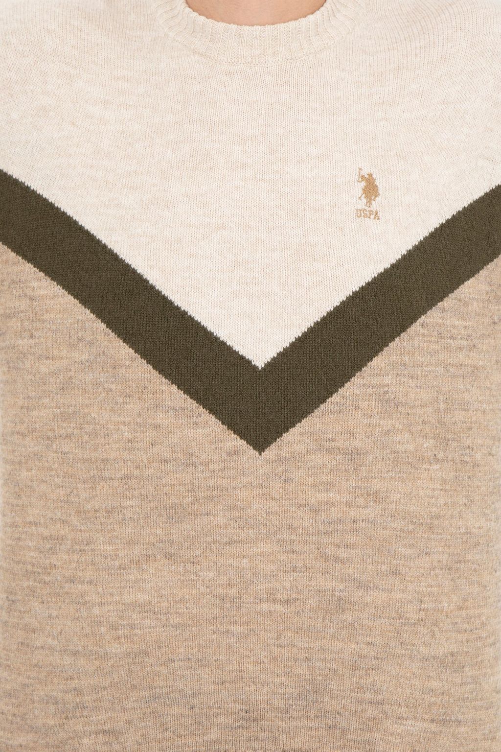 U. S. Polo Assn Мужской светло-коричневый меланжевый трикотажный свитер с круглым вырезом - U.s. polo assn фото 6