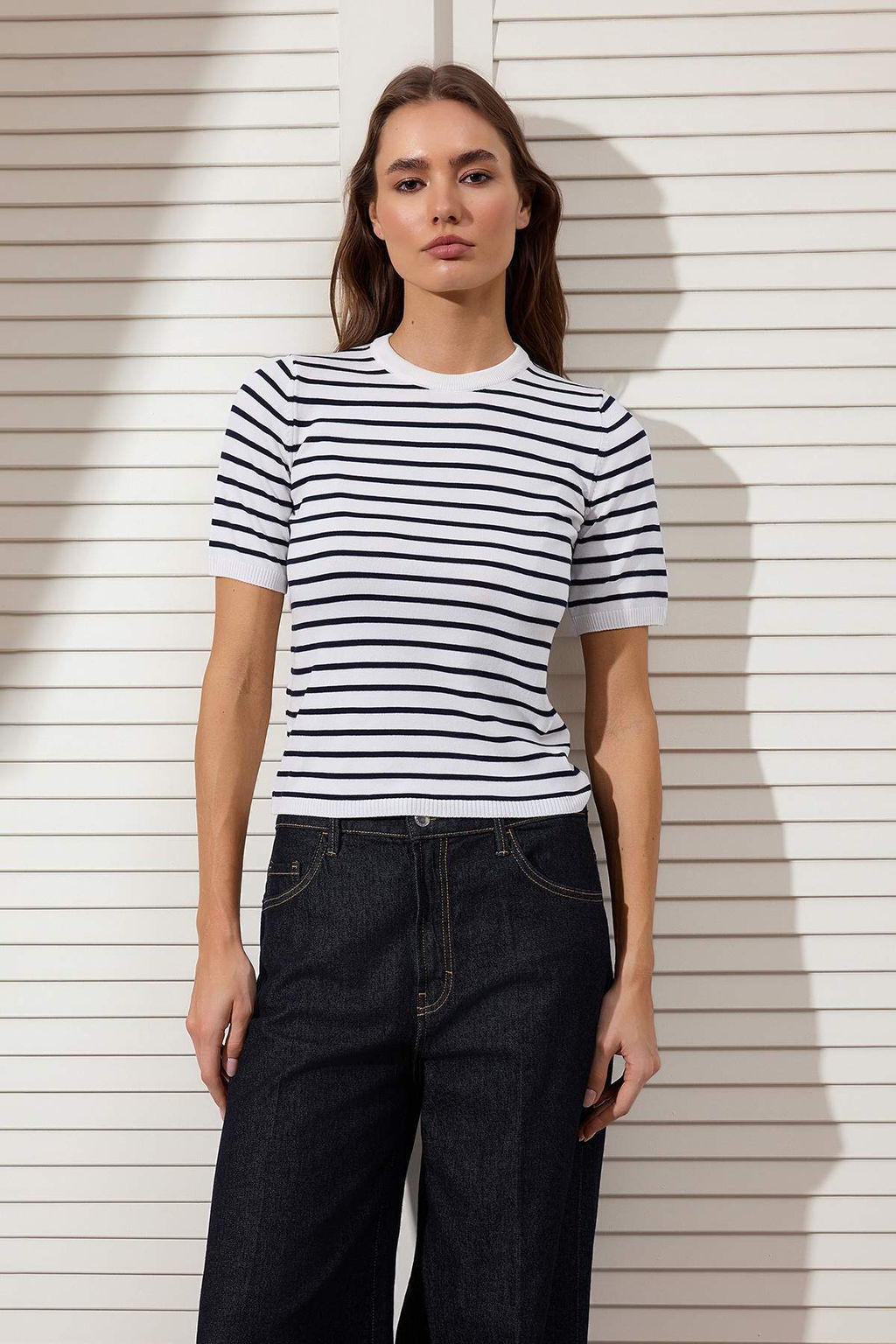 Ekru Cizgili Basic Viskon Kar?s?ml? Triko Ince Bluz TWOSS25BZ00488