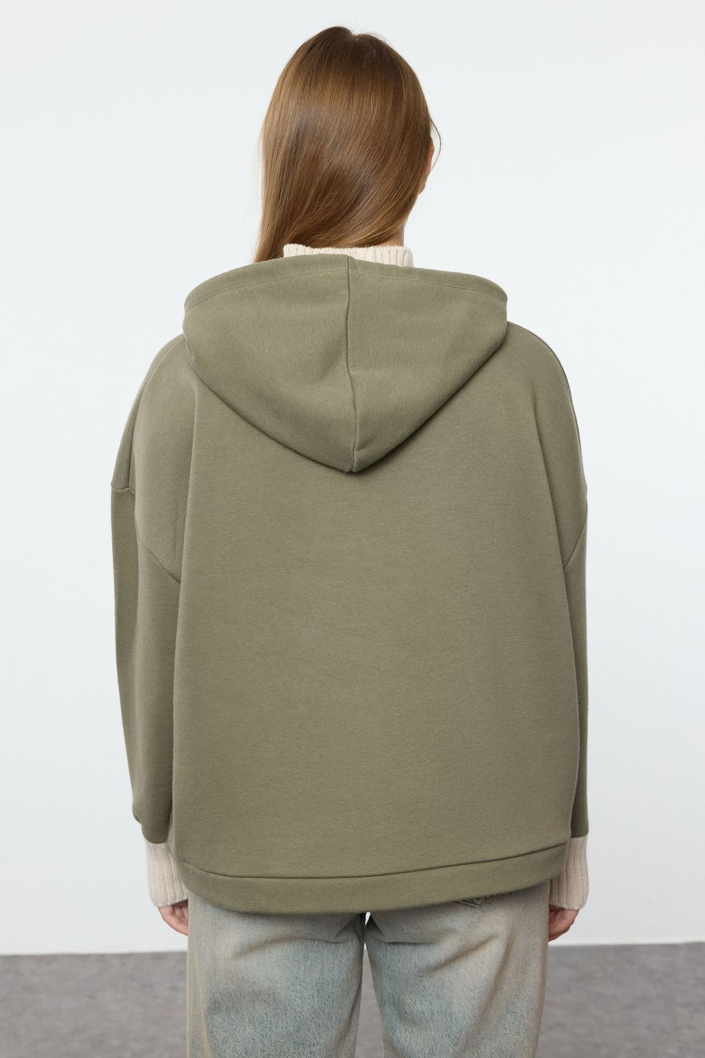 Haki Kal?n Ici Polarl? Triko Bant Detayl? Kapusonlu Orme Sweatshirt TWOAW22SW1806