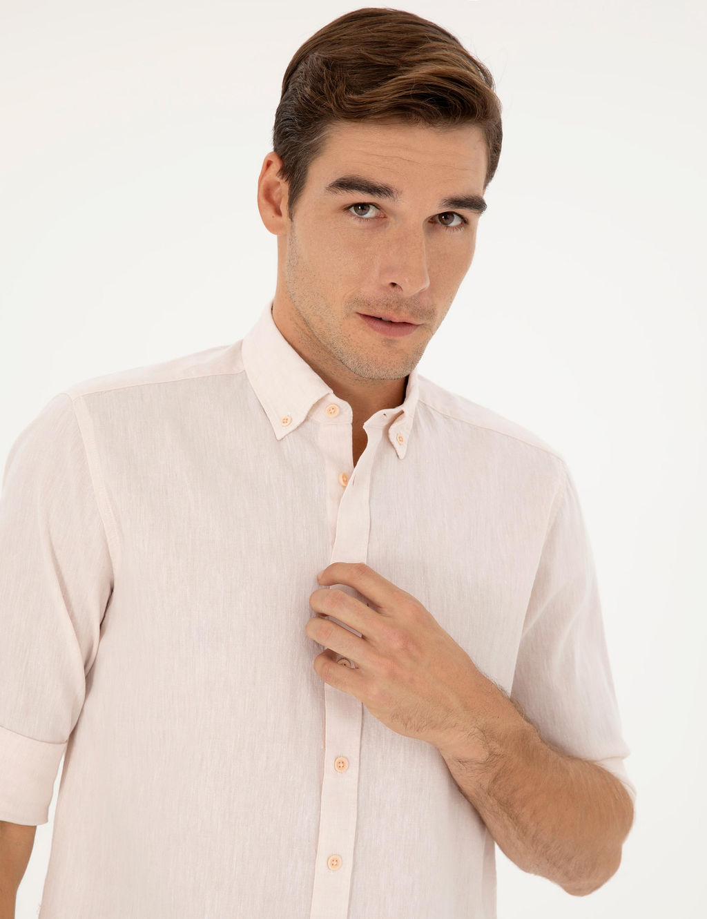 Рубашка Pierre Cardin Regular Fit пудровая с примесью льна