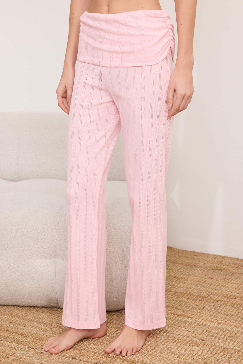 Ac?k Pembe %100 Pamuklu Bel Detayl? Fitilli/Pointel Orme Pijama Tak?m? THMSS26PT00037