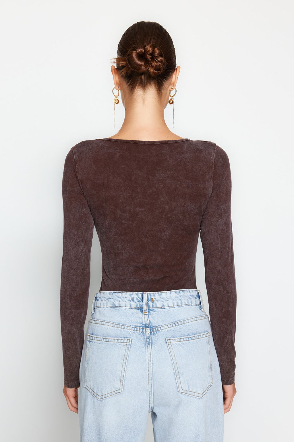 Kahverengi Eskitme/Soluk Efektli Pamuklu Uzun Kol Esnek C?tc?tl? Orme Body TWOAW24BD00044