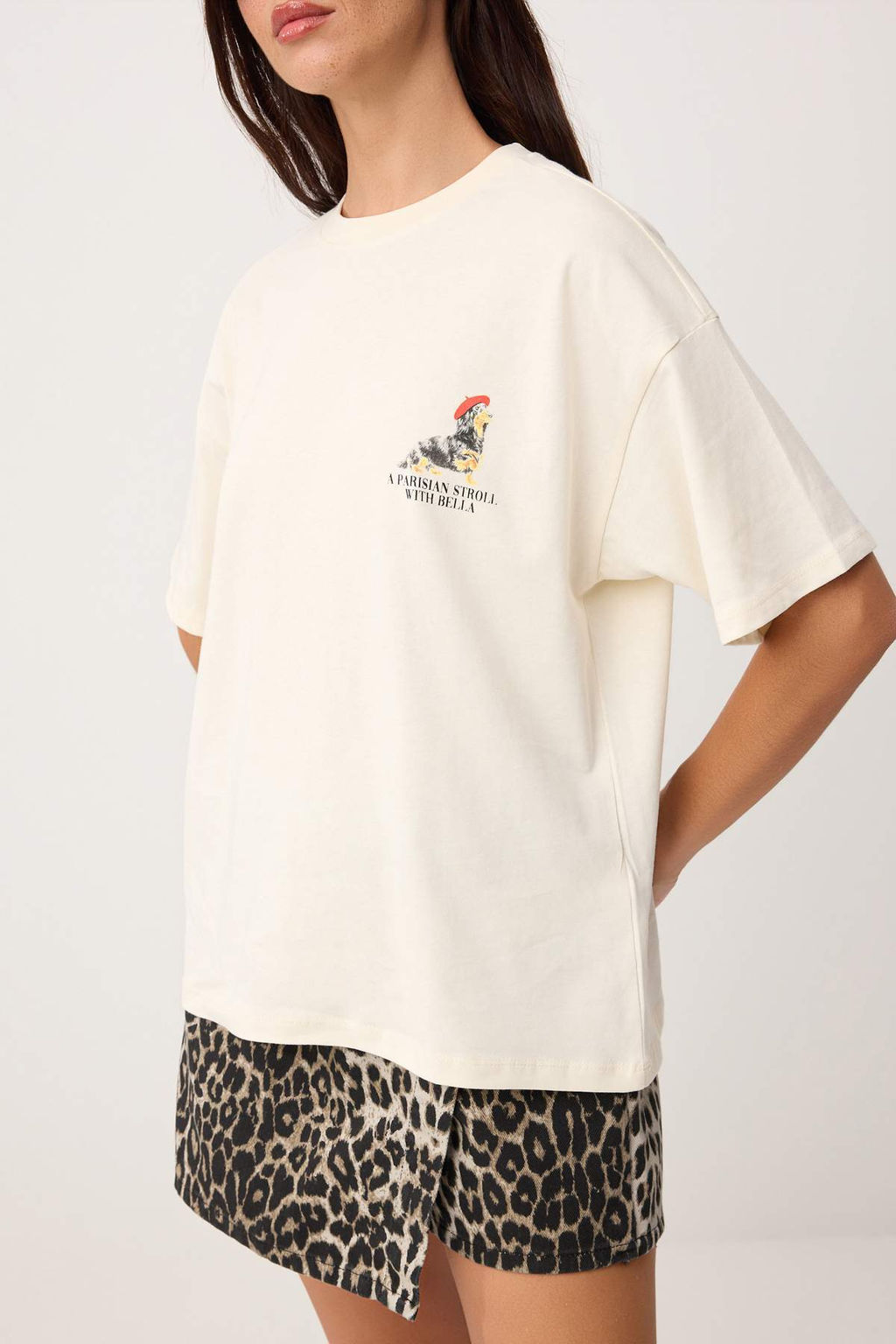 Ekru Bask?l? Oversize/Genis Kal?p K?sa Kollu Orme T-Shirt TWOSS26TS00292 - Trendyolmilla фото 4