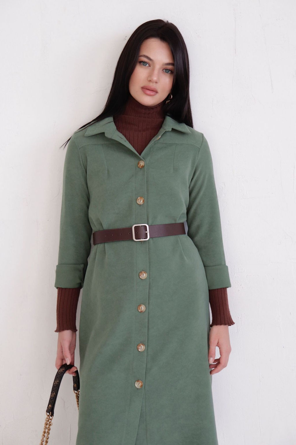 10896 Платье-рубашка из микровельвета папоротник - Martichelli фото 9