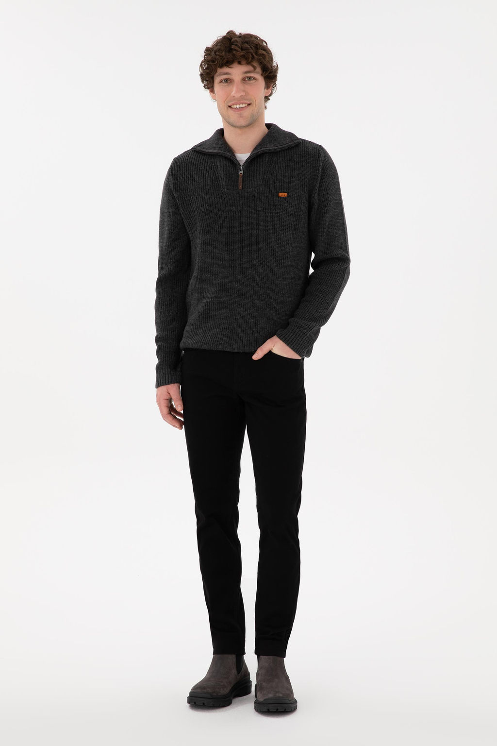 Erkek Regular Fit Yar_m Fermuarl_ Antrasit Kazak