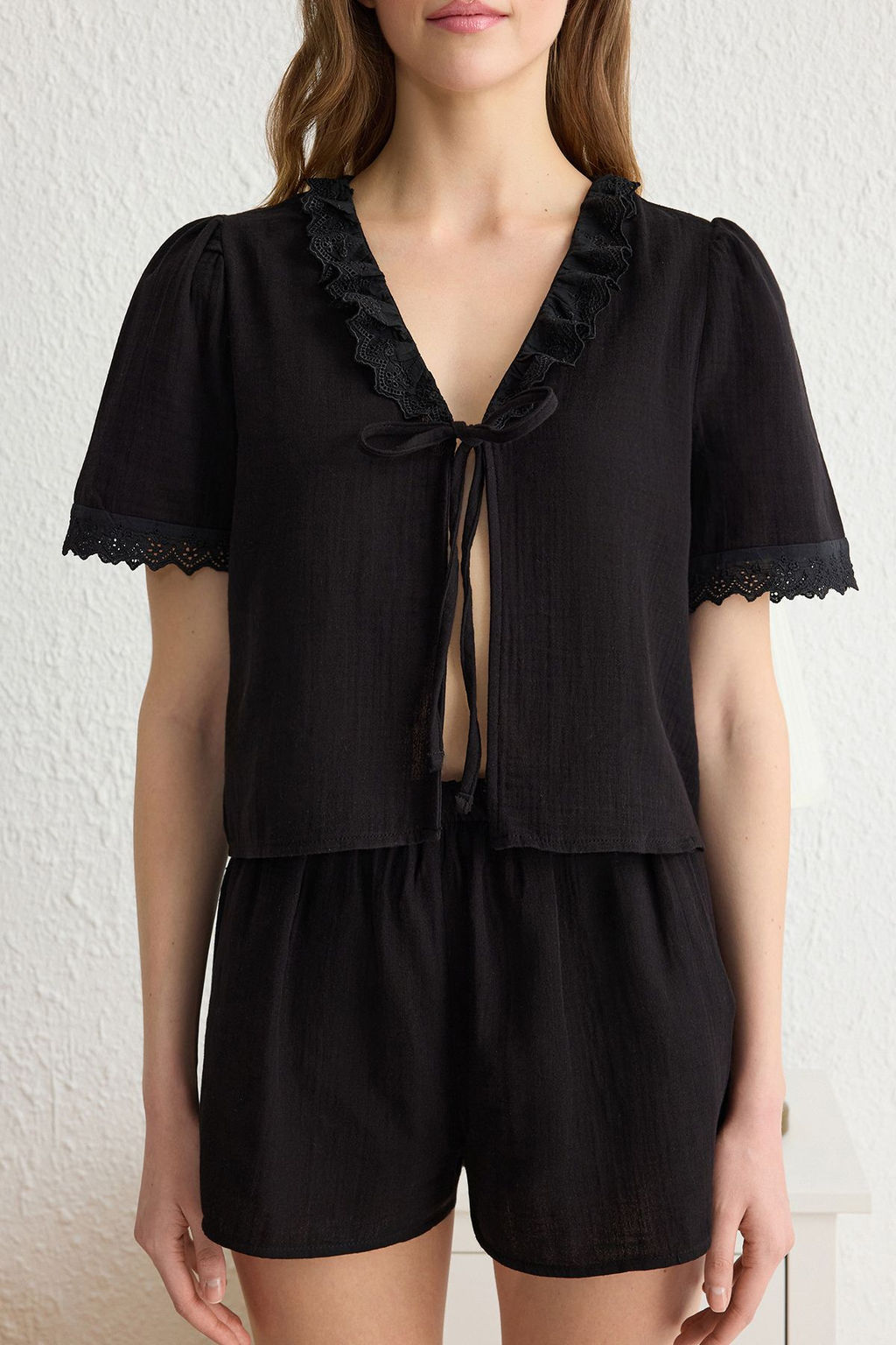 Trendyolmilla Pembe %100 Pamuklu Brodeli Baglama Detayl? Muslin Sortlu Dokuma Pijama Tak?m? THMSS25PT00029  фото 10