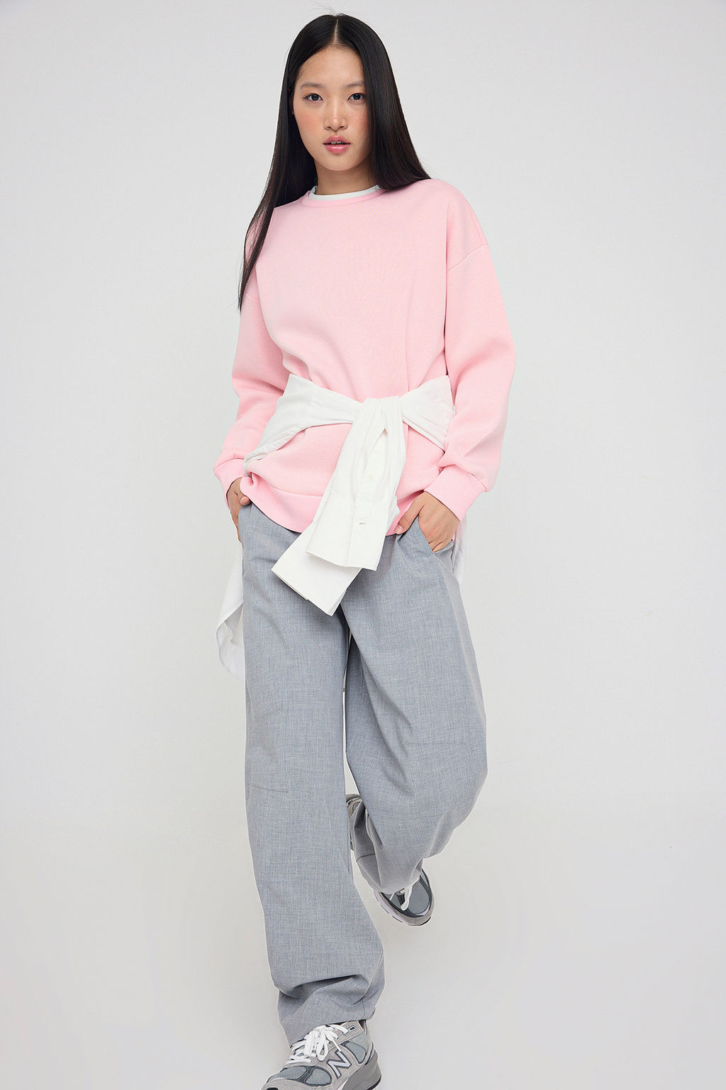 Ac?k Pembe Renk Bloklu Oversize/Genis Kal?p Kal?n Orme Sweatshirt TWOAW26SW00025
