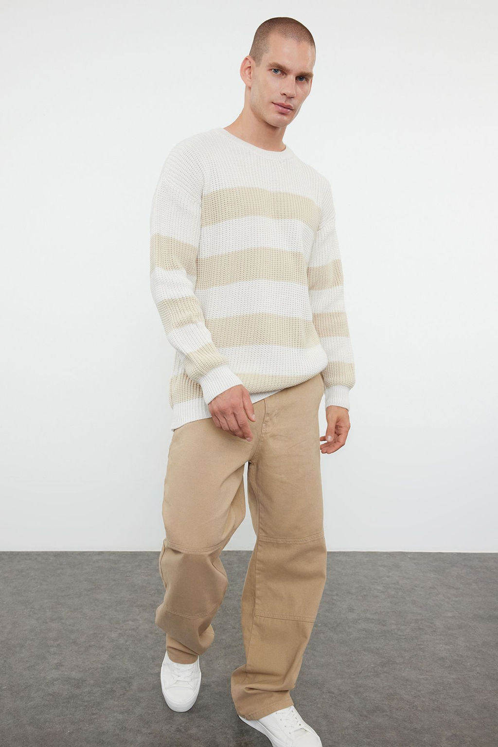 TRENDYOL MAN Koyu Yesil Casual Oversize Fit Genis Kal?p Bisiklet Yaka Cizgili Triko Kazak TMNAW23KZ00106 - Trendyolmilla фото 43