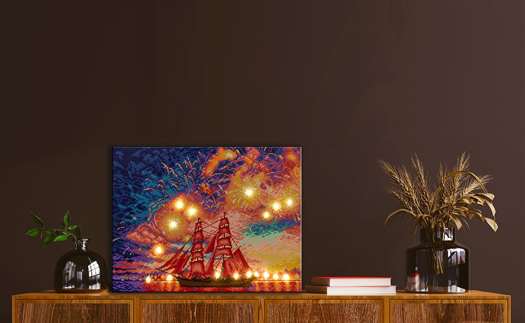 Кристальная (алмазная) мозаика ФРЕЯ ALDD-238 на подрамнике Алые паруса (со светодиодами) 50 х 40 см