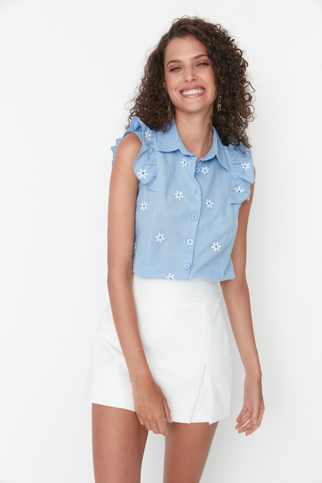 Mavi Cicek Nak?sl? F?rf?r Detayl? Dokuma Gomlek TWOSS22GO0240