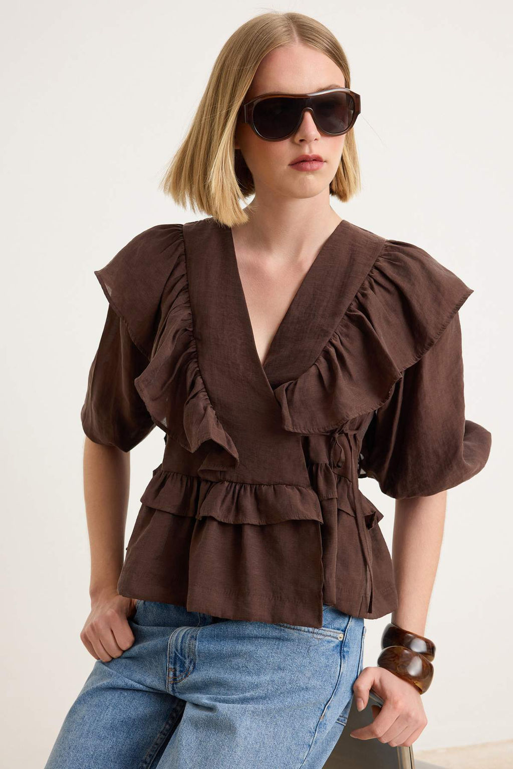 Kahverengi F?rf?rl? Tencel Bluz TWOSS26BZ00855 - Trendyolmilla фото 2