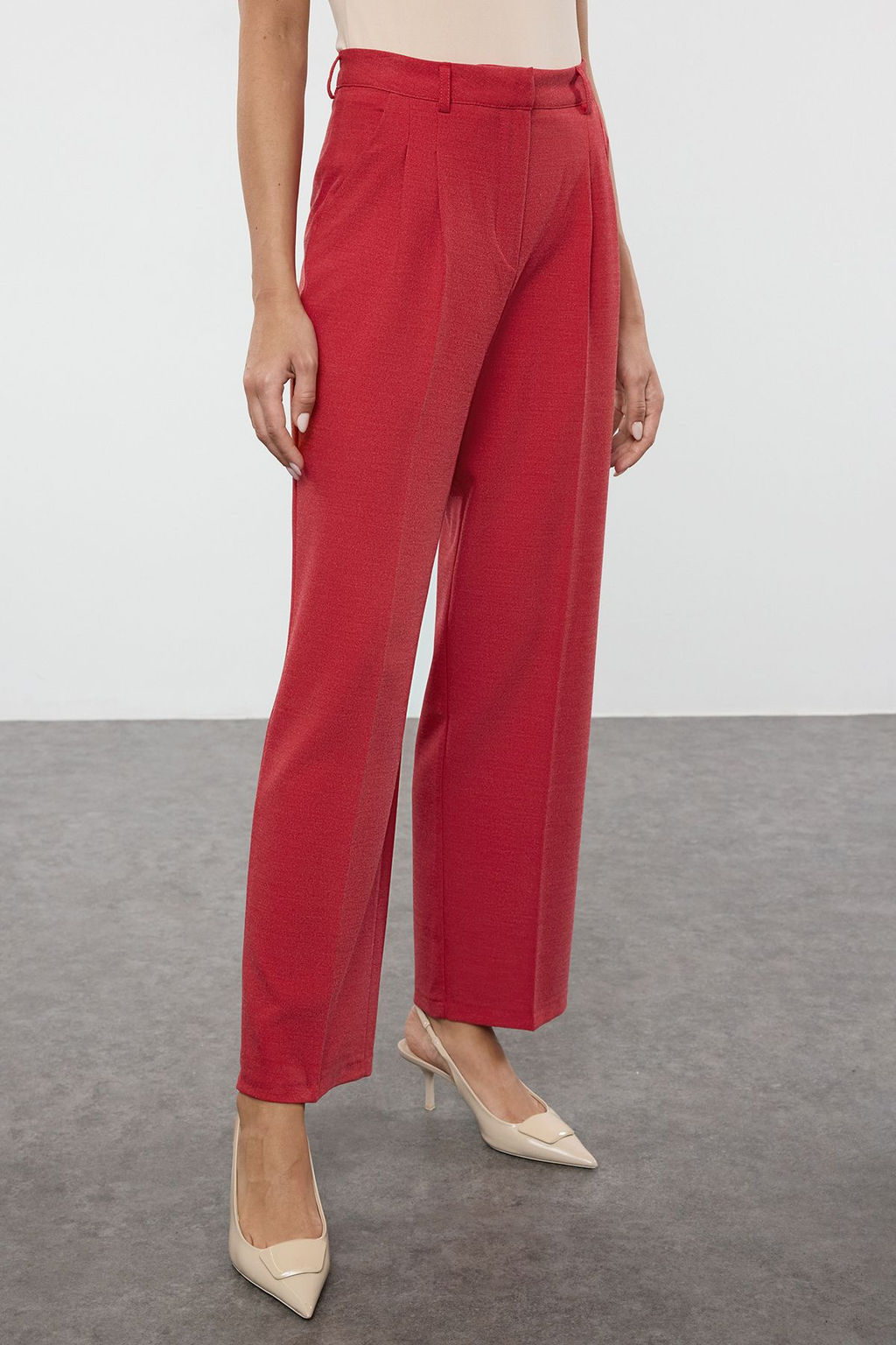 Limited Edition Kiremit Straight/Duz Kesim Pilili Kumas Dokuma Pantolon TWOAW23PL00401