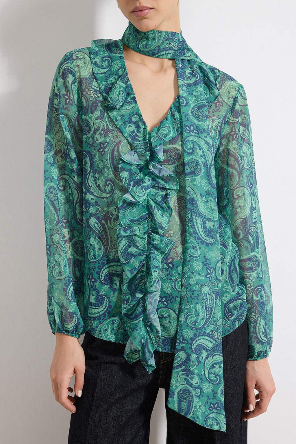 Yesil Sal Desenli Boho Transparan Sifon Dokuma Bluz TWOSS26BZ00216