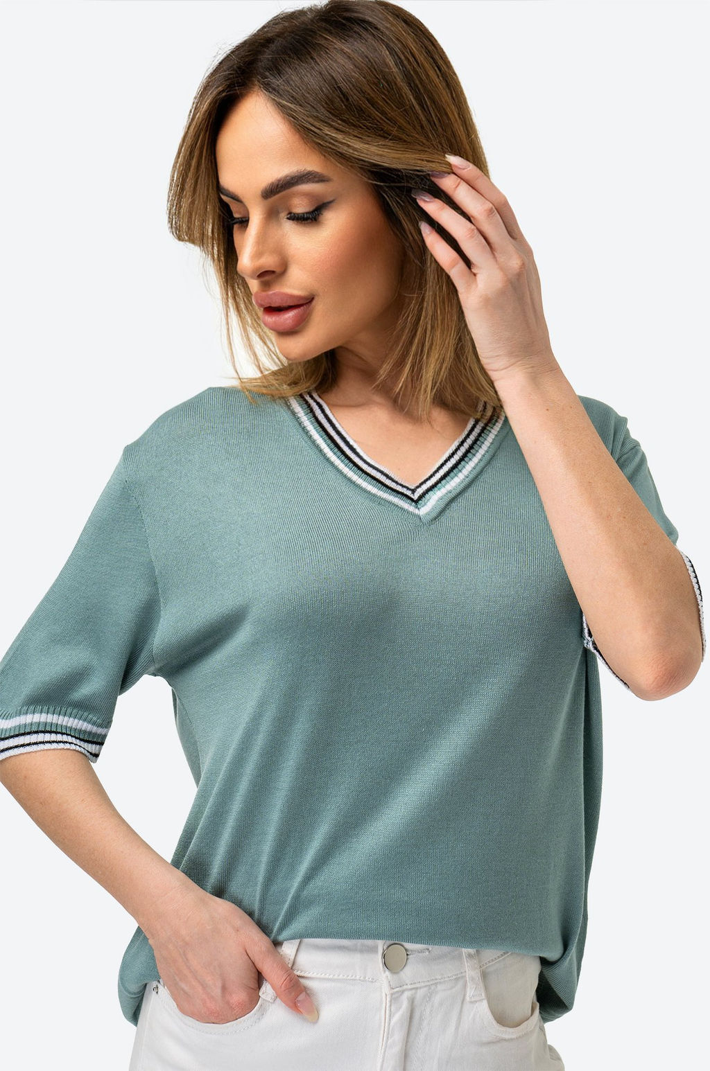 Женская футболка из вязаного трикотажа с V-образным вырезом Happy Fox  фото 42