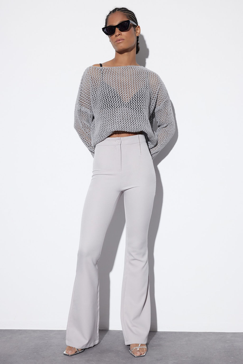 Gri Ispanyol Paca Flare Bootcut Dokuma Kumas Pantolon TOFAW19BB0581