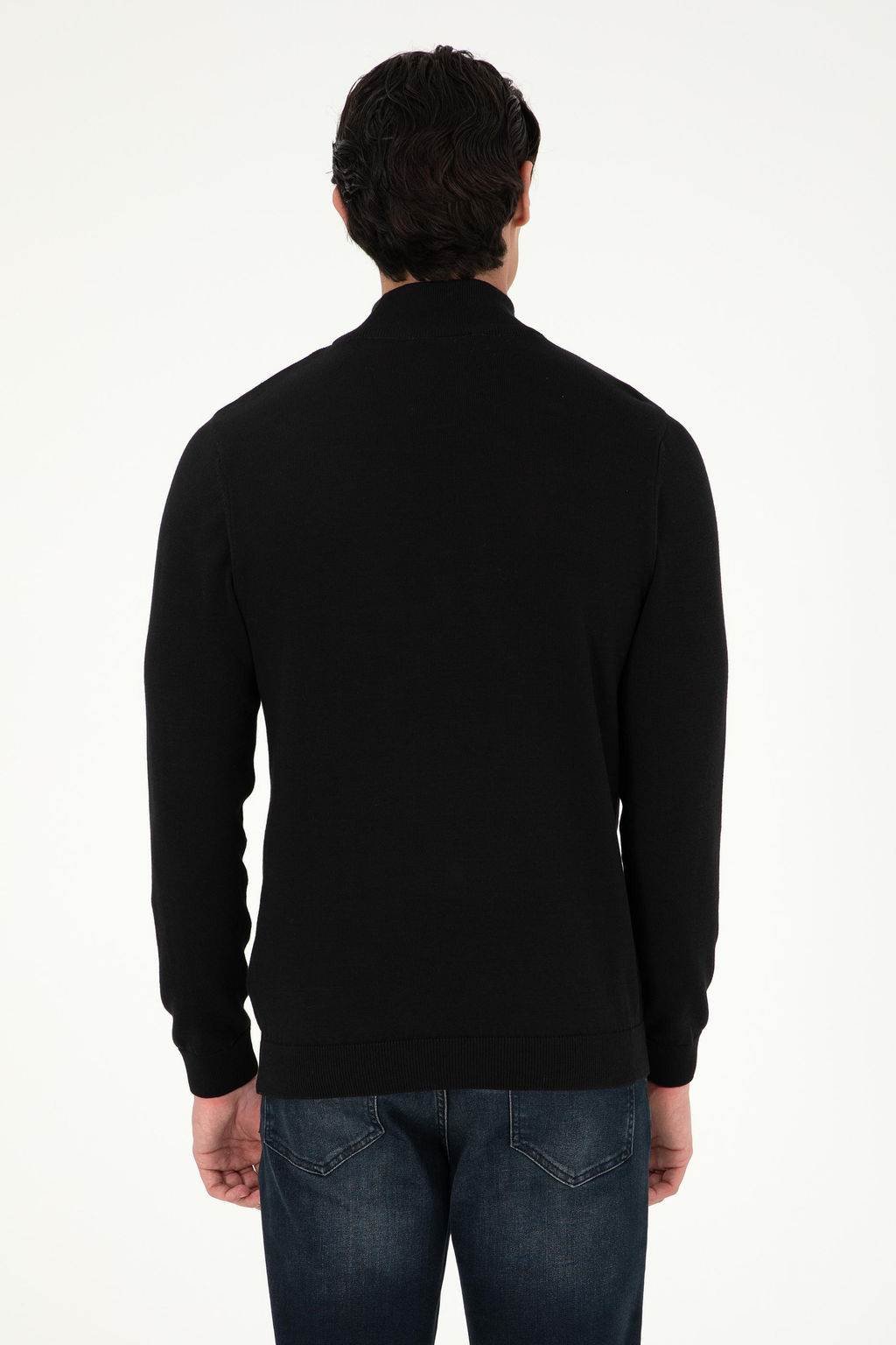 Erkek Slim Fit Yar_m Bo_azl_ Siyah Basic Kazak