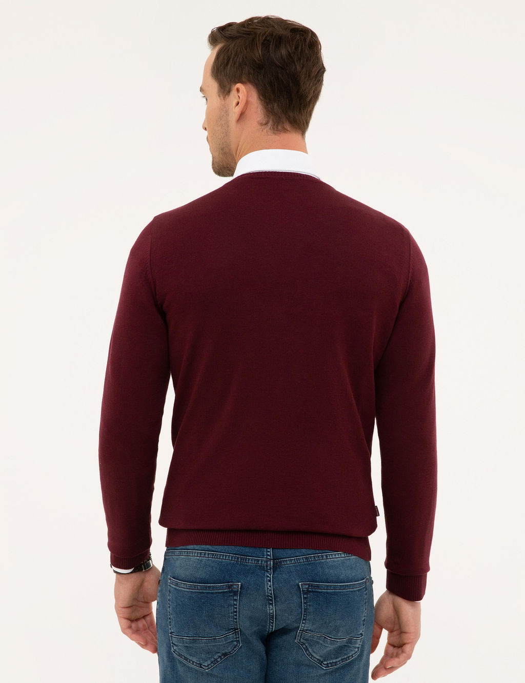Bordo Slim Fit V Yaka Basic Triko Kazak