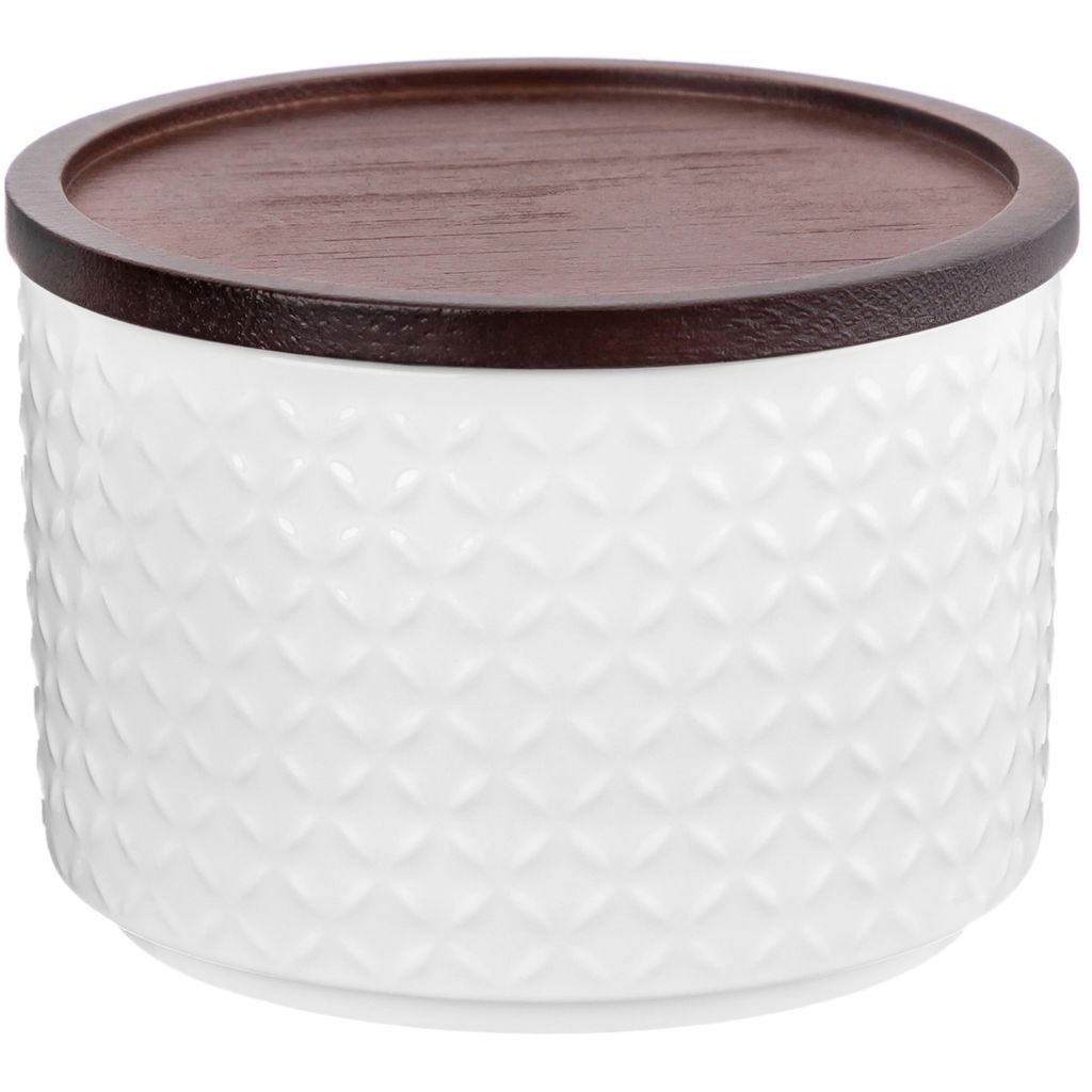 Банка д/хранения и запекания 250 мл 9,3*9,3*7 см "Орнамент" + дер. крыш.-подстав. с сил. упл., белая