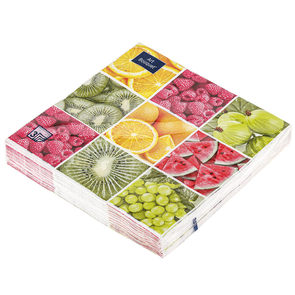 Салфетки бумажные Art Bouquet 33х33см, 3-х слойные, 20 штук в упаковке, 100% целлюлоза, Фруктовое ассорти (Россия)  фото 3
