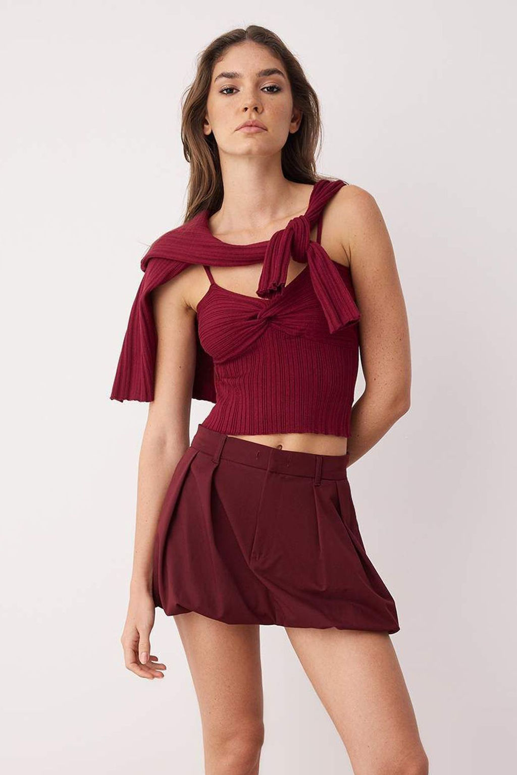 Bordo 2li Fitilli Premium/Ozel Iplikli Yumusak Dokulu Triko H?rka-Bluz Tak?m TWOAW26HI00003