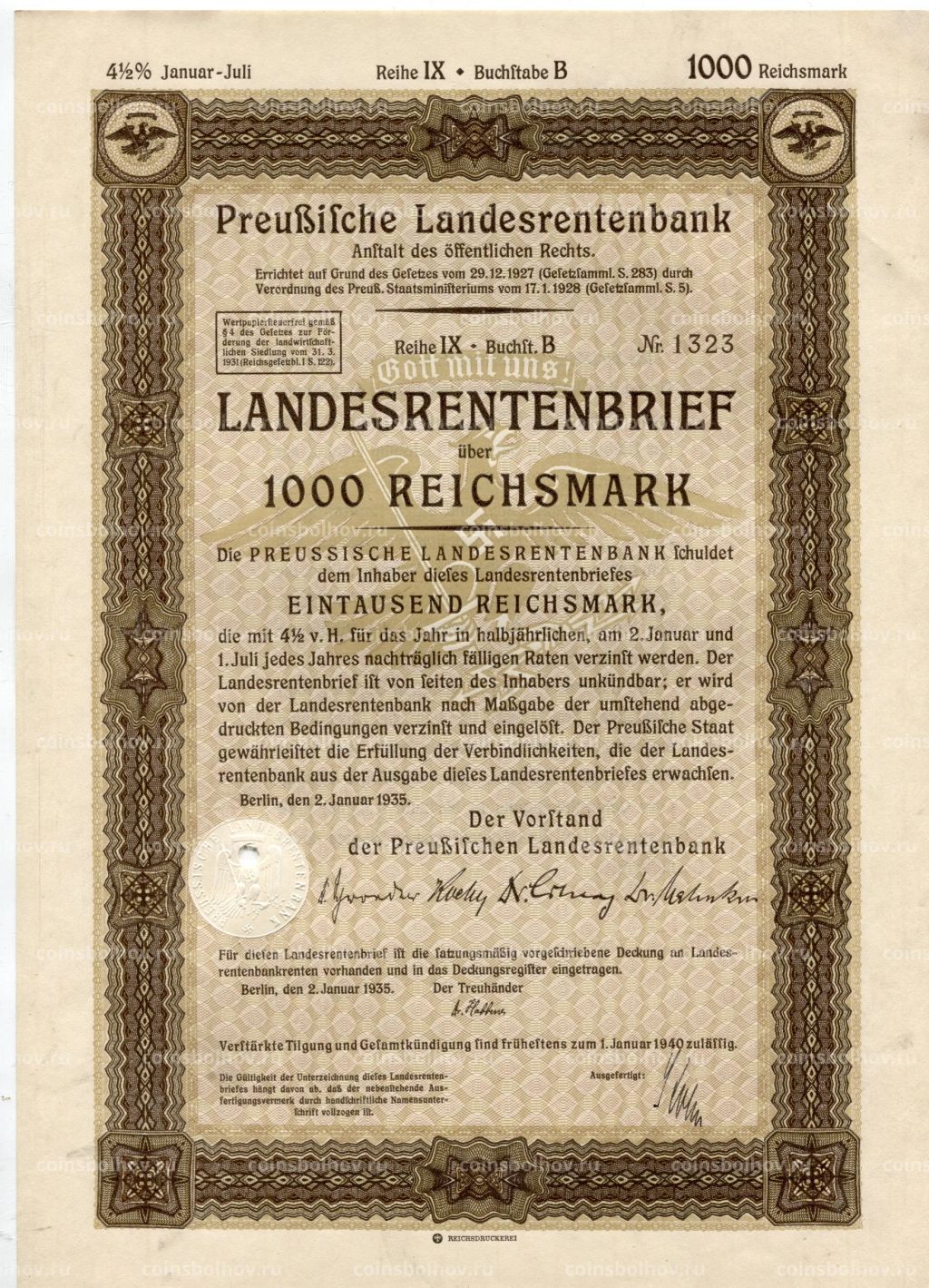 Облигация 4,5% 1000 рейхсмарок 1935 года Германия