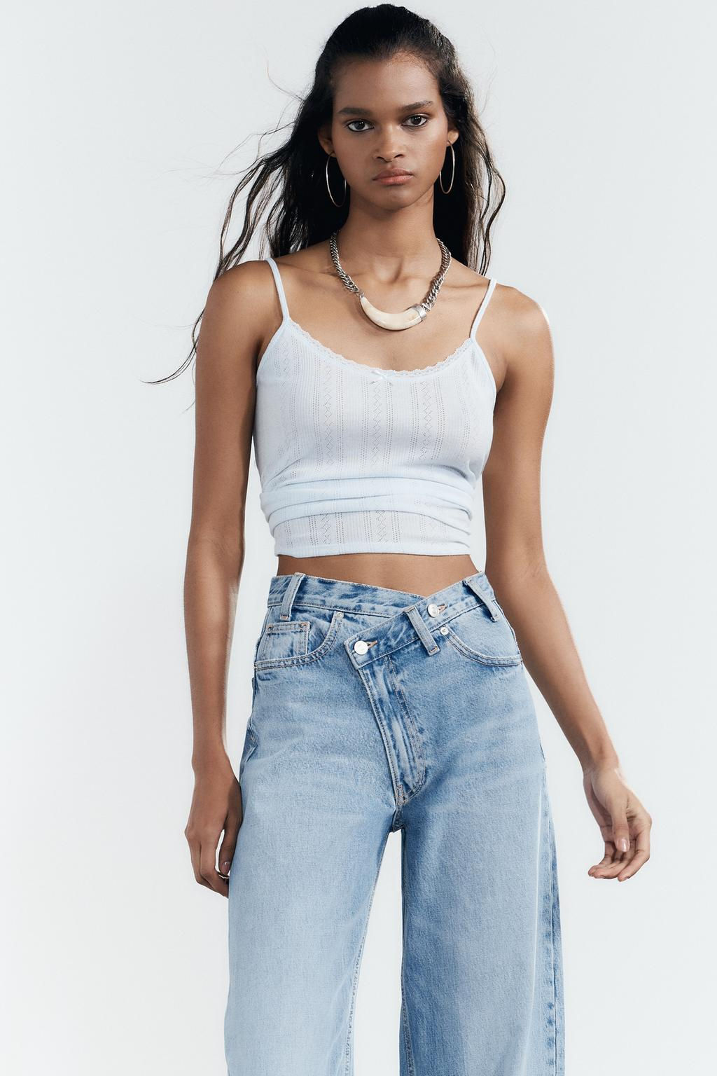 HIGH-WAIST TRF WIDE-LEG CROSSOVER WAIST JEANS - Zara фото 2