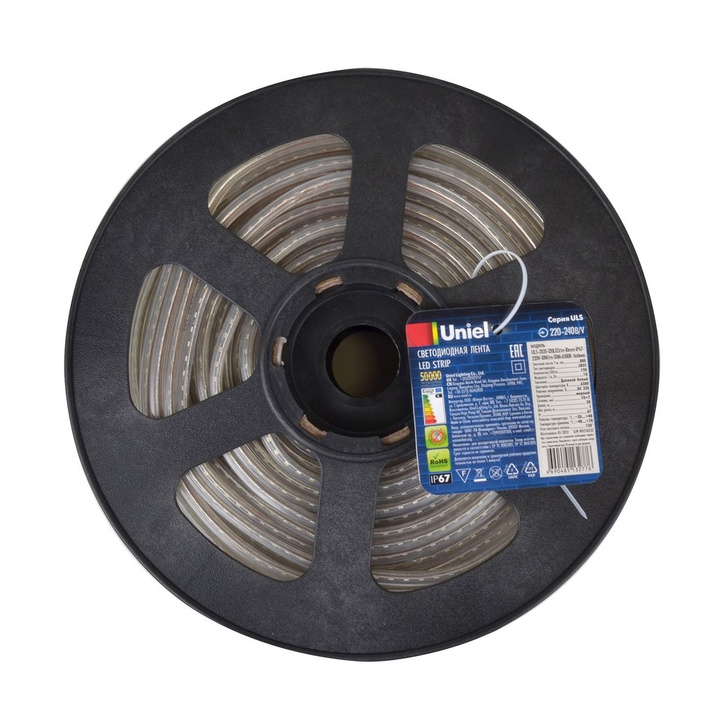 ULS-2835-120LED/m-10mm-IP67-220V-10W/m-50M-6500K Светодиодная гибкая герметичная лента. Бобина 50 м. Дневной белый свет (6500K). TM Uniel.