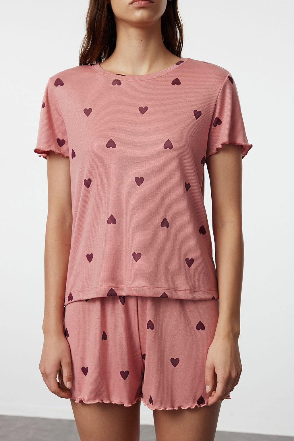 Trendyolmilla Gri Melanj Kalpli Slogan Bask?l? Lastikli Fitilli Sortlu Orme Pijama Tak?m? THMSS24PT00220  фото 30