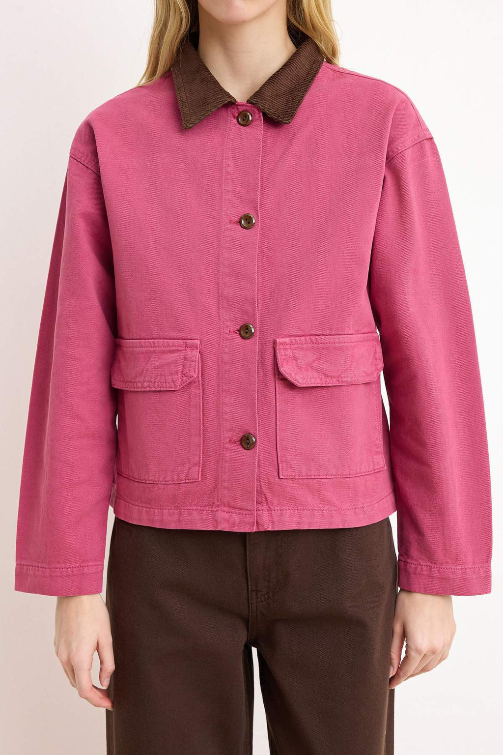 Pembe Fitilli Kadife Yaka Detayl? Denim Gomlek Ceket TWOAW26CE00004