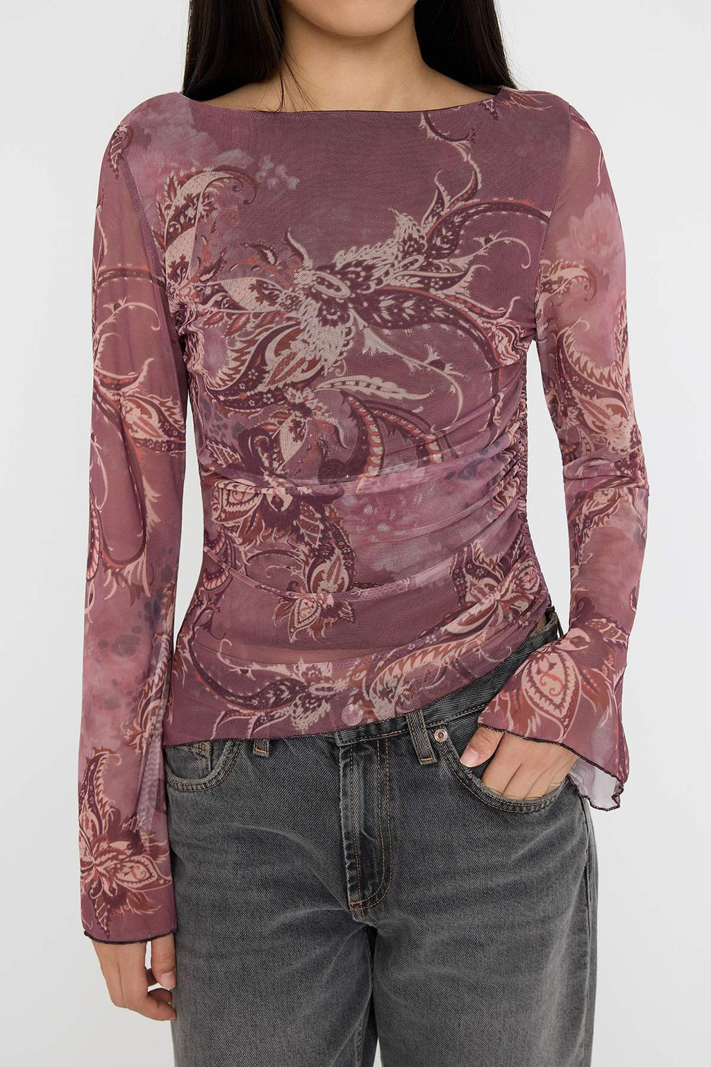 Puantiye Duz Kay?k Yaka Asimetrik Detayl? Vucuda Oturan Esnek Orme Tul Bluz TWOAW26BZ00128 - Trendyolmilla фото 9