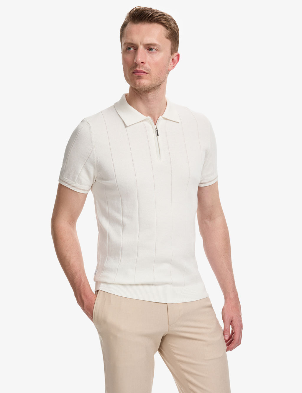 Ekru Slim Fit %100 Pamuk Fermuarl_ Polo Yaka Triko Ti__rt