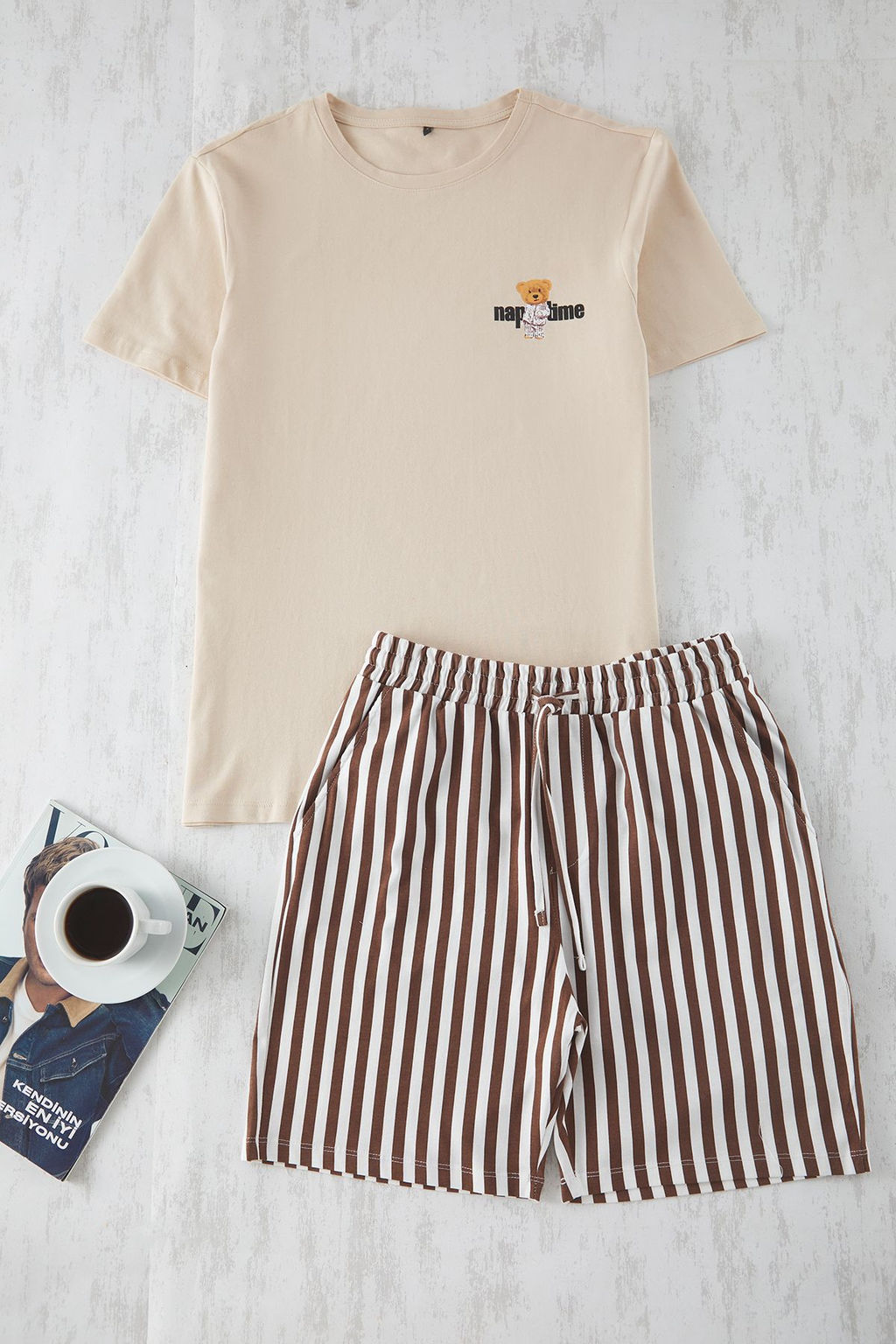 TRENDYOL MAN Mavi Ekru Cizgili Regular Fit Couple/Cift Orme Sortlu %100 Pamuklu Pijama Tak?m? TMNSS24PT00017 - Trendyolmilla фото 19