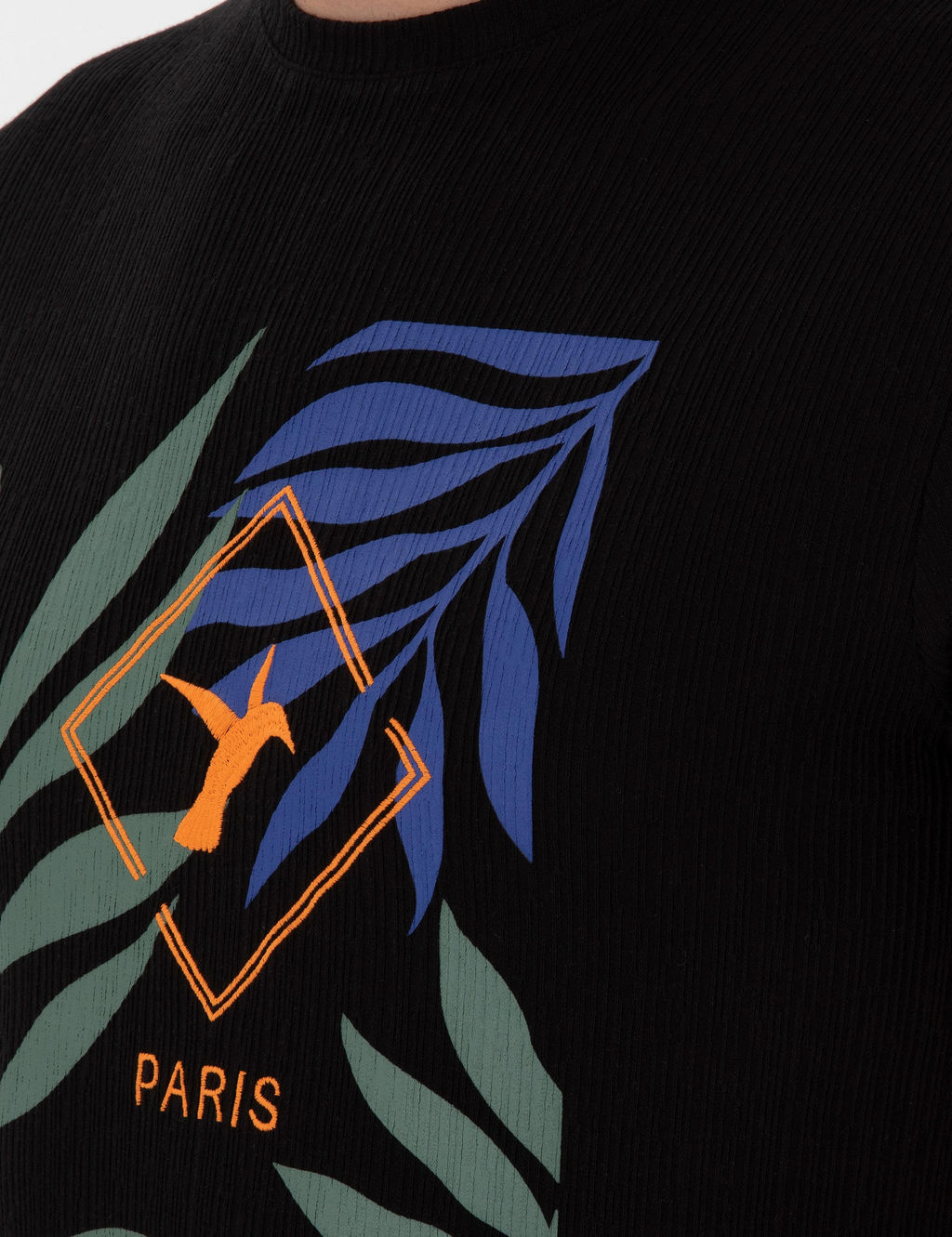 Siyah Slim Fit Bisiklet Yaka Desenli T-shirt