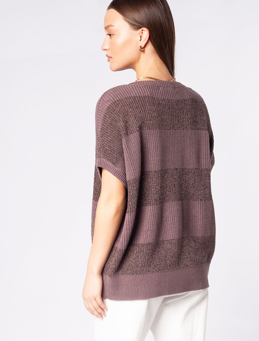 Хлопковый джемпер фактурной вязки с полосками с люрексом - Vilatte фото 3