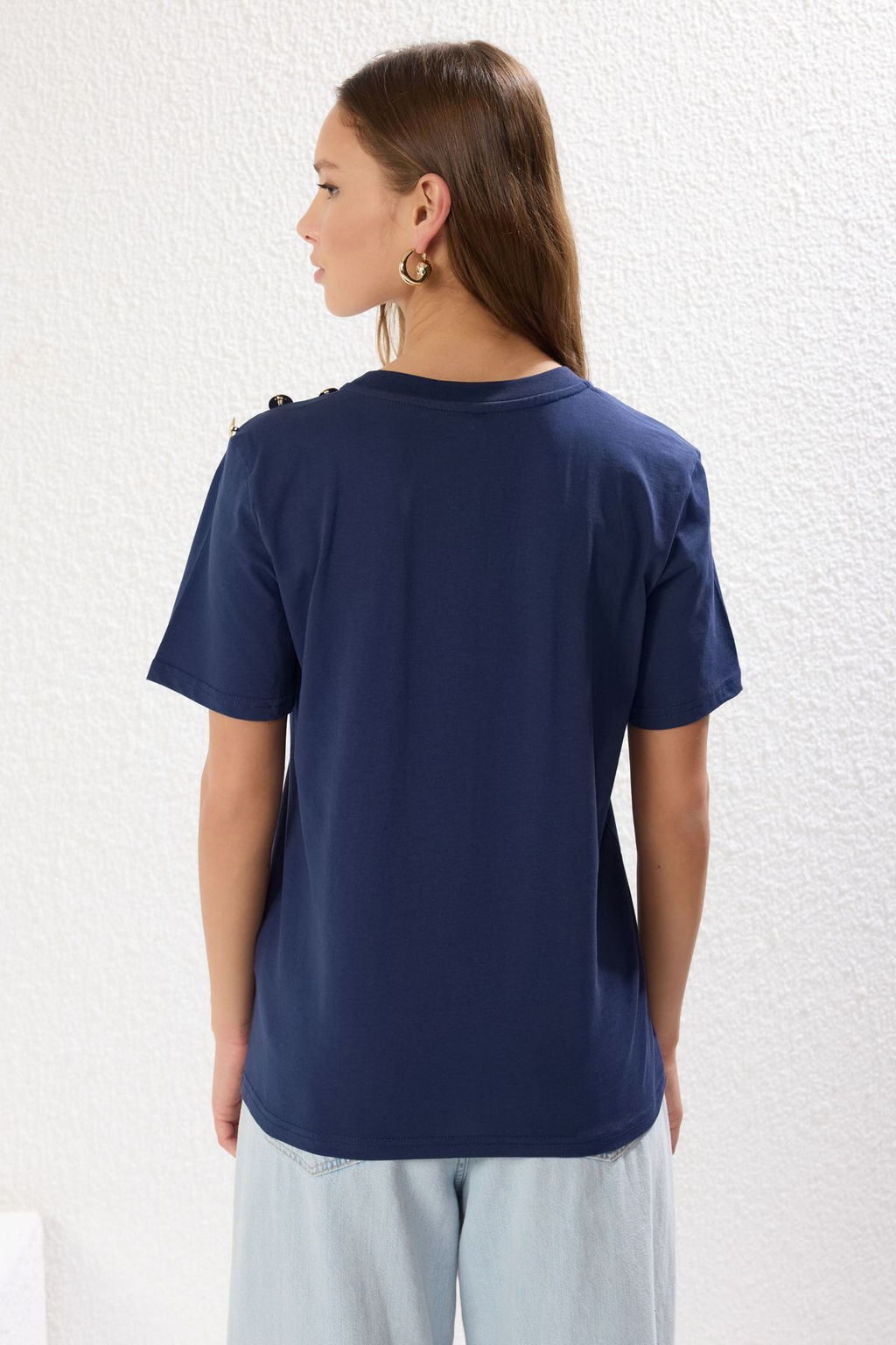 Lacivert %100 Pamuk Gold Dugme Detayl? Regular/Normal Kesim Orme T-Shirt TWOSS25TS00039