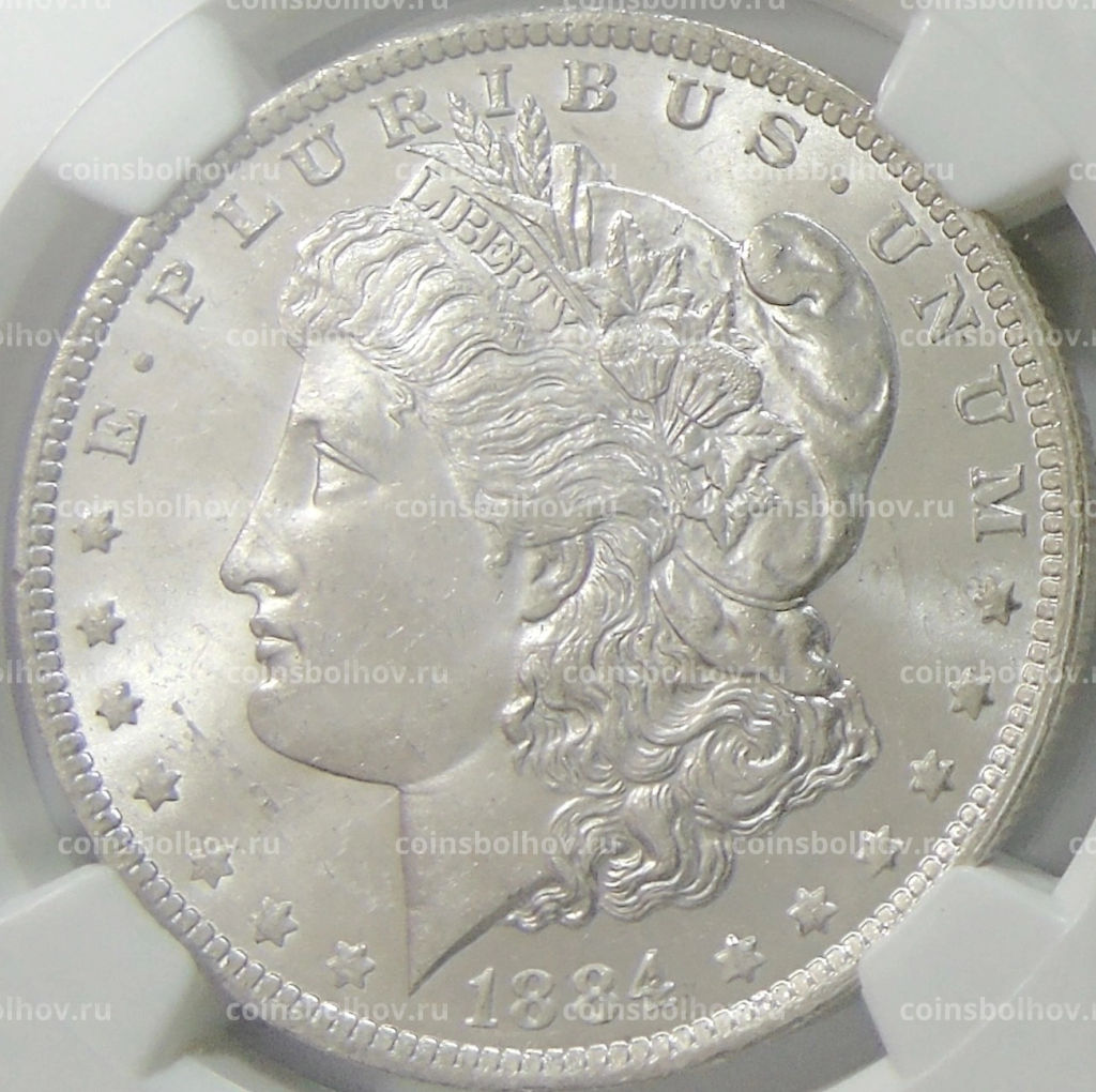 Монета 1 доллар 1884 года О США Доллар Моргана (в слабе NGC MS 63)