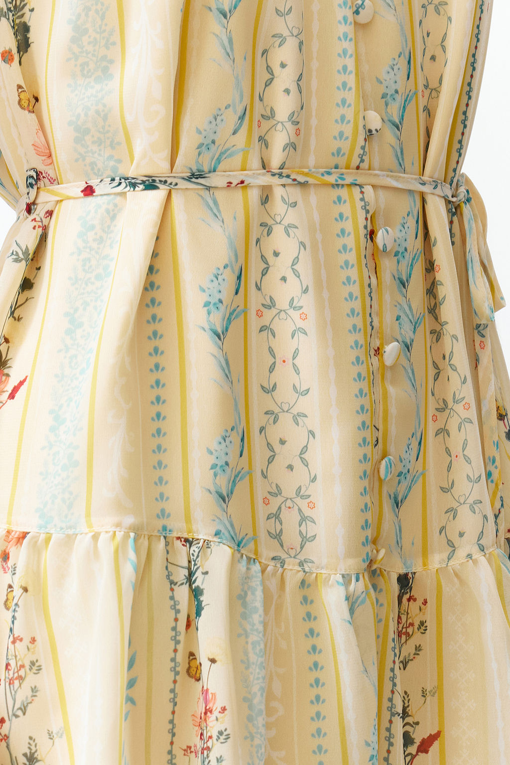 Sar? Cicek Desenli A-Kesim Boho Kat Kat Astarl? Sifon Ucus Ucus Dokuma Mini Elbise TWOSS23EL02056