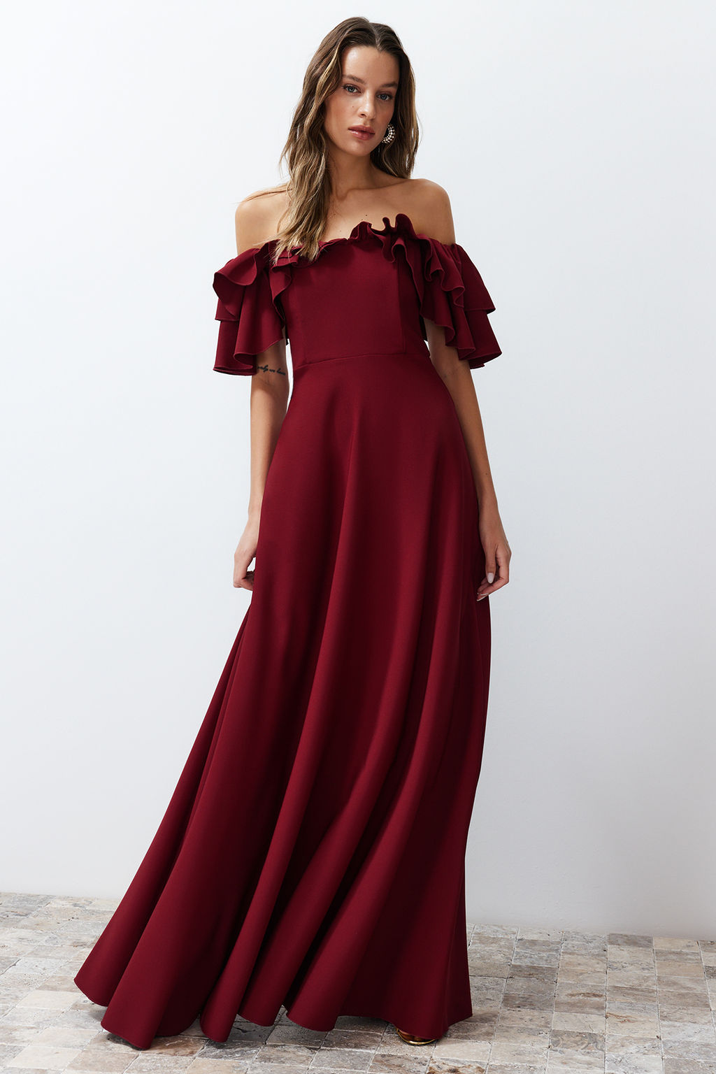 Bordo A-Kesim Volanl? Dokuma Uzun S?k Abiye Elbise TPRSS24AE00054