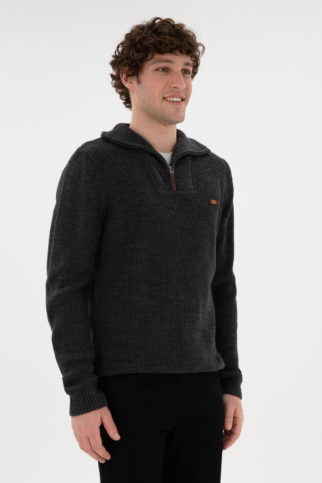 Erkek Regular Fit Yar_m Fermuarl_ Antrasit Kazak