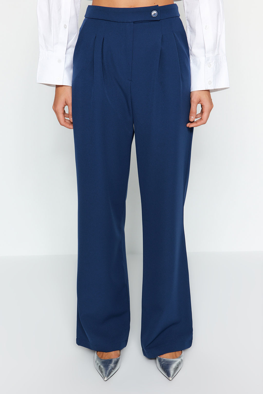 Lacivert Wide Leg Genis Paca Yuksek Bel Dokuma Kumas Pantolon TWOAW22PL0066